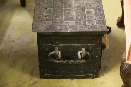 An 18th century iron Armada chest with loop handles and original key, W.72cm, D.40cm, H.36cm